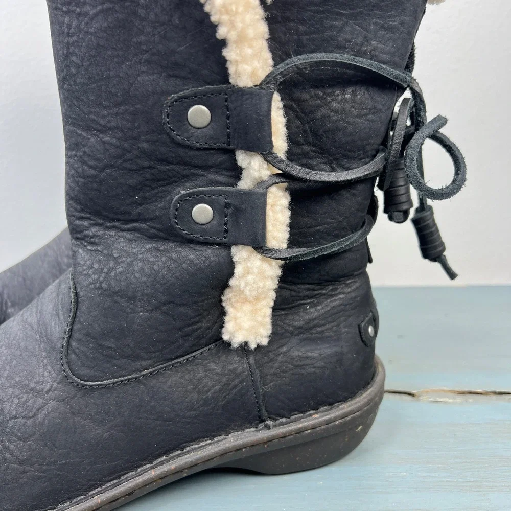 UGG Simmens Black Leather Shearling Lined Winter Boots 1007760 Womens 8